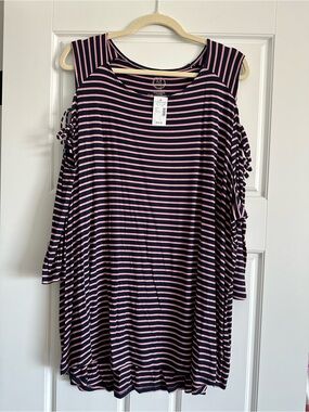 Maurices 3X Navy and Pink Striped Cold-Shoulder Tunic.
